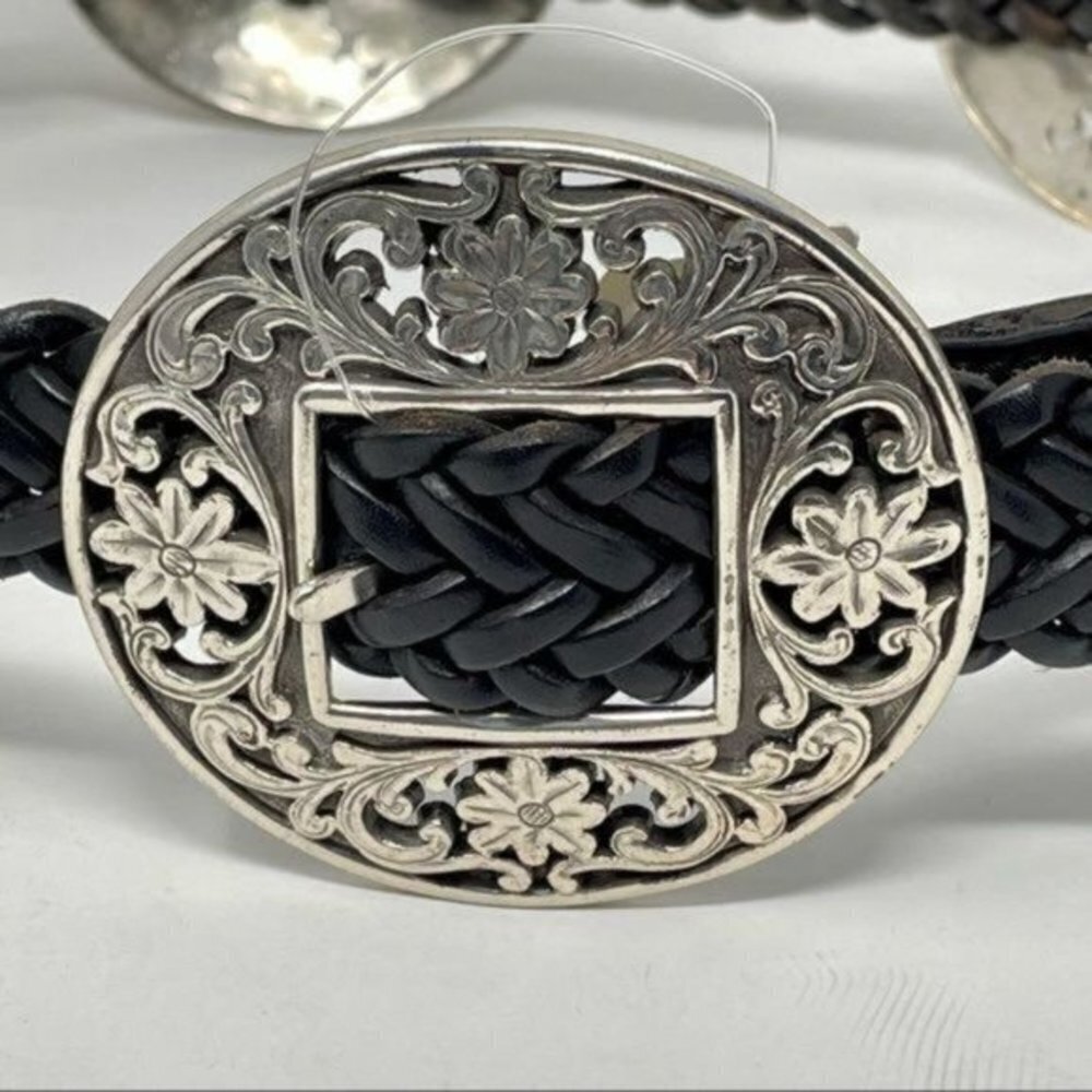 NWT Vintage Unbranded Black Braided Leather Belt w/Silver Floral details 30” - Picture 2 of 8